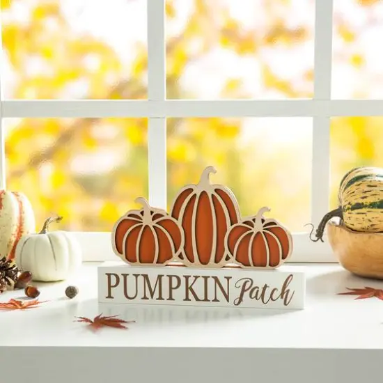Glitzhome&reg; 11.75" Fall Wood Pumpkin Patch Table Sign {6}