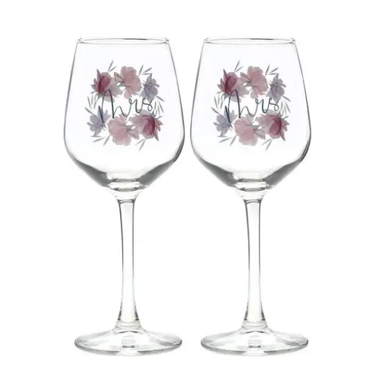 12oz. Mrs. & Mrs. Floral Wine Glass Set {1}
