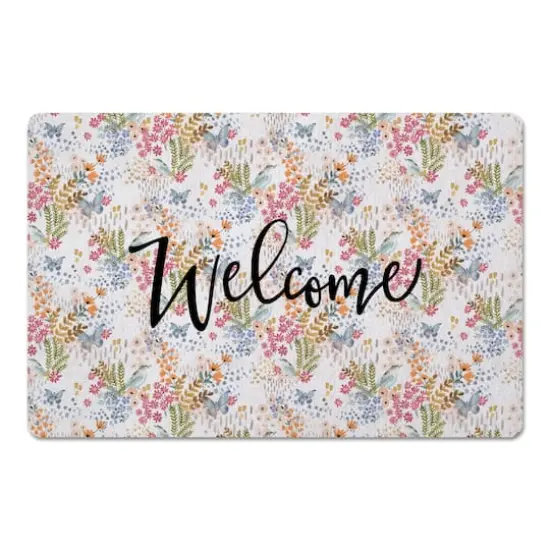 Welcome Butterfly Bird Floral Floor Mat Yellow {1}