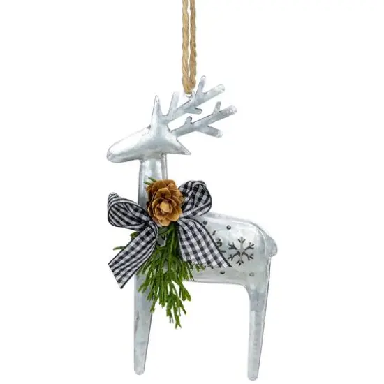 6.25" Silver Metal Reindeer Christmas Ornament with Black Gingham Bowtie & Pine {7}