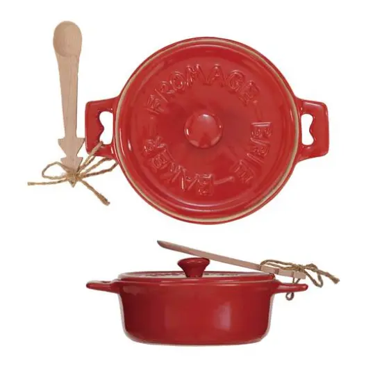 Hello Honey&reg; 9" Red Reactive Glaze Stoneware Brie Baker with Wood Tree Spoon {1}