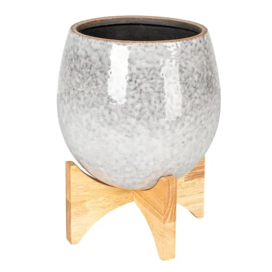 Hello Honey&reg; 8" Gray Reactive Glaze Round Stoneware Planter with Wood Stand {1}