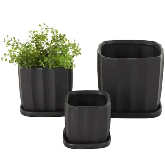 Black Square Wide Groove Textured Ceramic Planter Set {1}