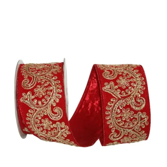JAM Paper 2.5" x 5yd. Red & Gold Sequin Scroll Wired Lamé Ribbon {1}