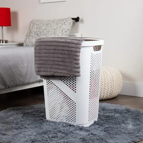 Mind Reader 60L Ventilated Slim Laundry Hamper with Cut Out Handles & Hinged Lid, 2ct. White {3}