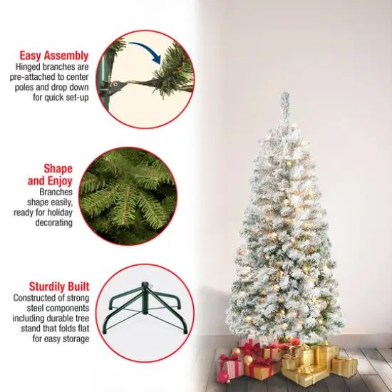 4.5ft. Pre-Lit Acacia Medium Flocked Artificial Christmas Tree, Clear Lights {6}