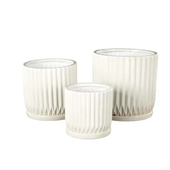 White Ribbed Textured Ceramic Planter Set {4}