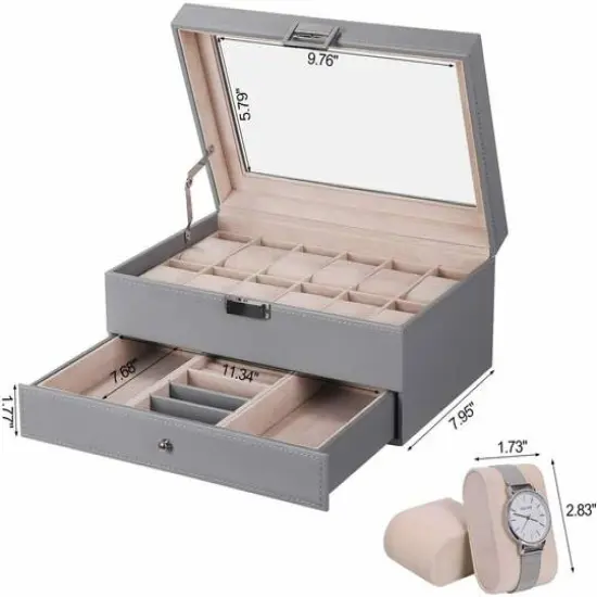 NEX&trade; Gray Double Layer Leather Watch Box with Glass Top {4}