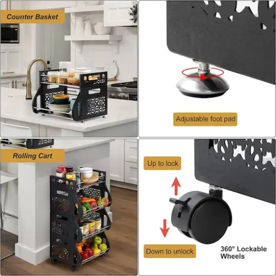 Black 4-Tier Rolling Stackable Fruit Basket Utility Cart {5}