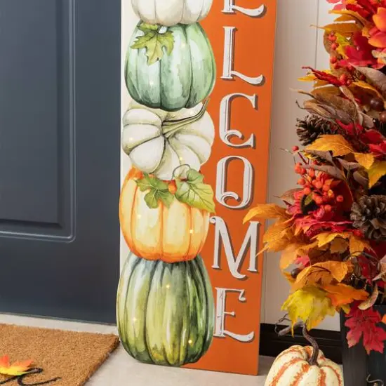 Glitzhome&reg; 42" Lighted Fall Wood Stacked Pumpkins Welcome Porch Sign with Timer {6}