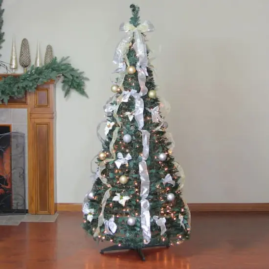 6ft. Pre-Lit Silver & Gold Decorated Pop-Up Artificial Christmas Tree, Clear Lights {3}
