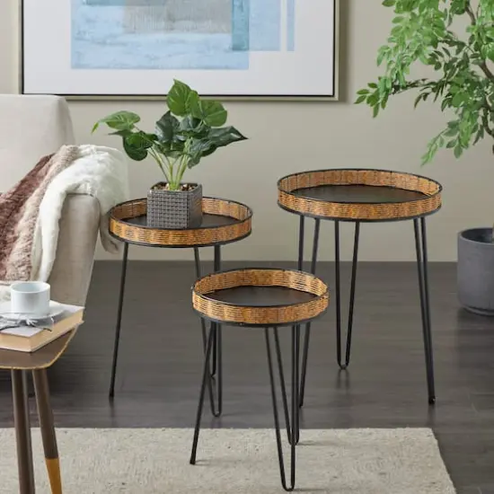 Black Metal Handmade Accent Table with Rattan Tabletop Set {3}