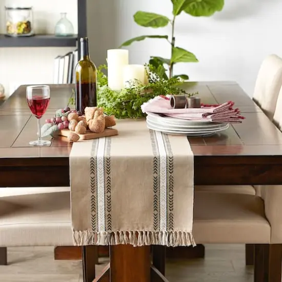 DII&reg; 108" Dobby Striped Fringe Ribbed Table Runner Dobby Stone {6}