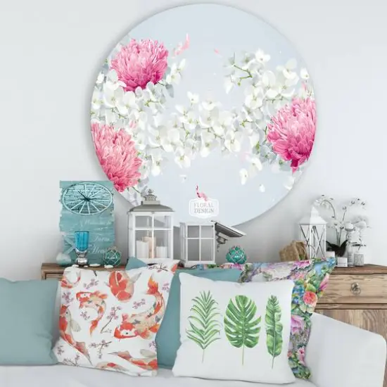 Designart - Chrysanthemums and Apple Blossom - Traditional Metal Circle Wall Art {1}