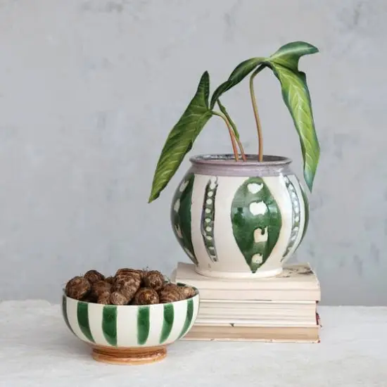Hello Honey&reg; 11.25" Green & Cream Round Hand-Painted Stoneware Planter {6}