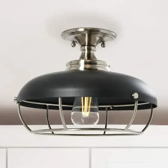 Hello Honey&reg; 13" Wide Caged Dome Metal Semi-Flush Mount Ceiling Light Brushed Nickel and Matte Black {5}