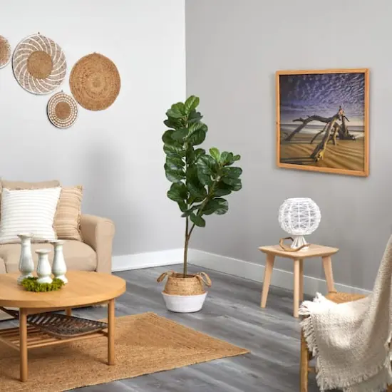 4.5ft. Fiddle Leaf Fig Artificial Tree with Boho Chic Handmade Cotton & Jute White Woven Planter {5}