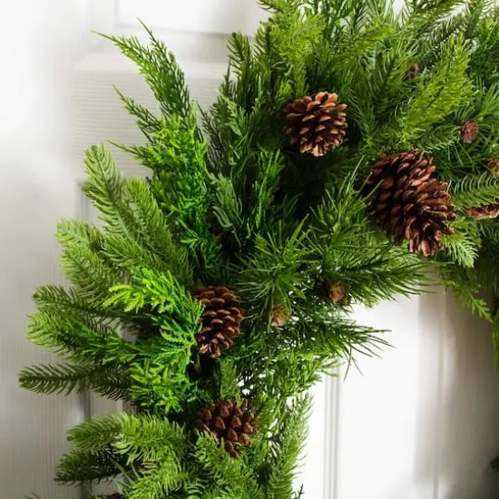 30in. Artificial Norfolk Mixed Pine Wreath with Pinecones {5}