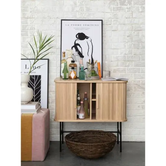 Hello Honey&reg; 3ft. Natural Wood & Black Metal Cabinet with Sliding Doors {3}