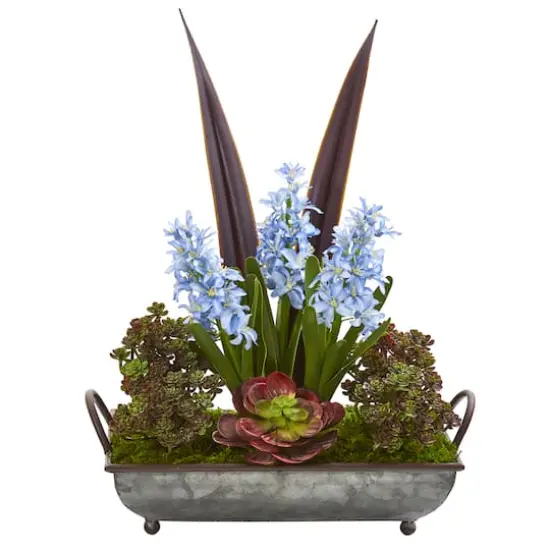 21" Hyacinth & Succulent Plant in Metal Tray {1}