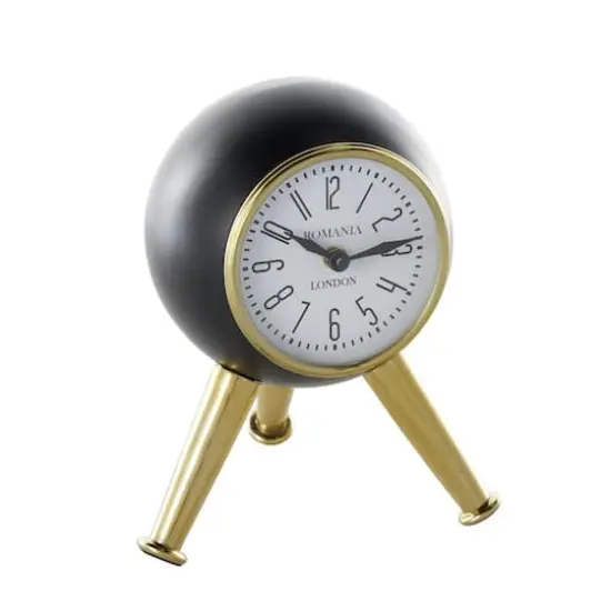 8.5" Black Aluminum Metal Orb Decorative Clock with White Clockface & Gold Tripod Legs {1}