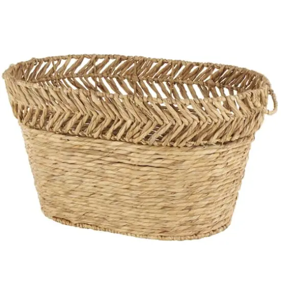 30" Brown Seagrass Handmade Woven Oval Storage Basket with Zig Zag Patterned Rim {1}