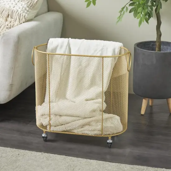 21" Metal Oval Mesh Wire Rolling Laundry Storage Cart with Ring Handles Gold {9}