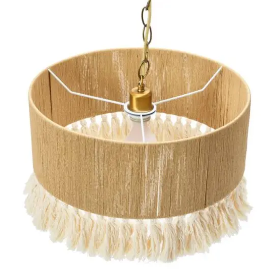 Hello Honey® 16" Brown Coastal Pendant Lamp with Natural Paper Rope Shade, Fringe Detail and Iron Base {13}