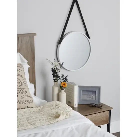 Hanging White Mirror with Faux Leather Strap {3}