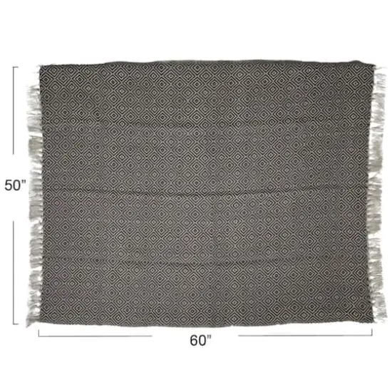 Hello Honey&reg; Charcoal & Cream Geometric Hand-Woven Reclaimed Fabric Throw with Fringe {8}