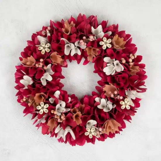 13" Fuchsia Pink & White Wooden Floral Wreath with Berries {4}