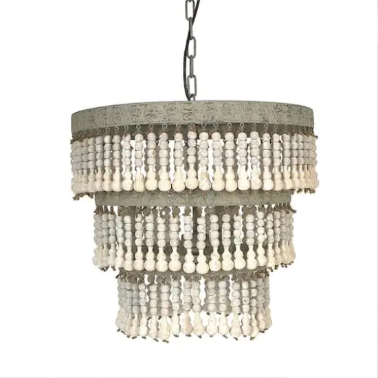 Hello Honey&reg; 20.5" Antique White 3-Tier Wood Bead Chandelier {3}