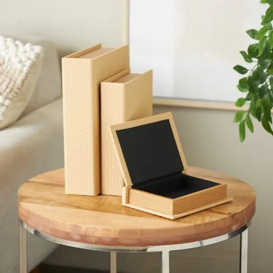 Faux Leather Geometric Woven Grid Book Storage Box Set Beige {10}