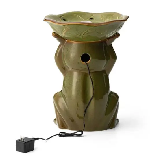 Glitzhome&reg; 21.5" LED Olive Green Frog Holding Lotus Birdbath Ceramic Outdoor Floor Fountain {7}