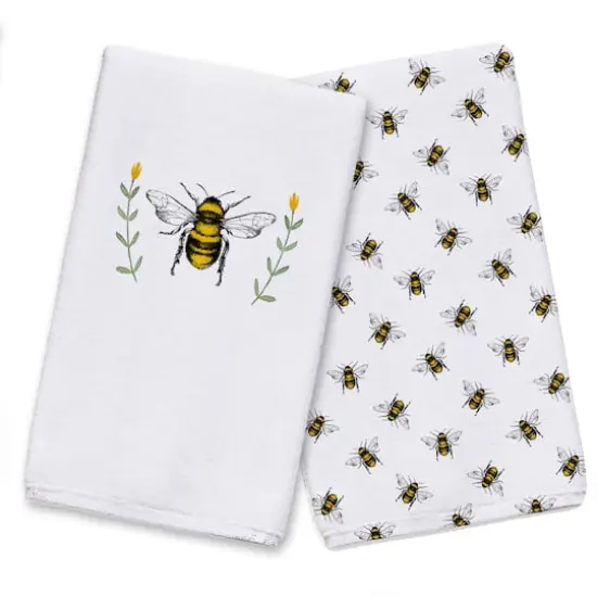 Bee With Watercolor Flowers 16" x 25" Tea Towel Set of 2 {1}