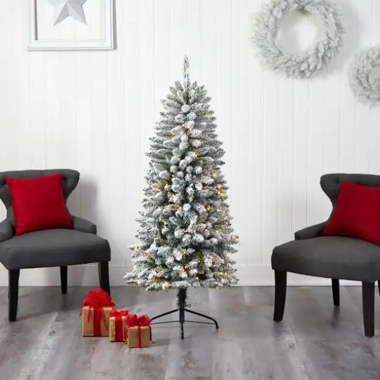 5ft. Pre-Lit Flocked Montreal Fir Artificial Christmas Tree, Warm White LED Lights {8}