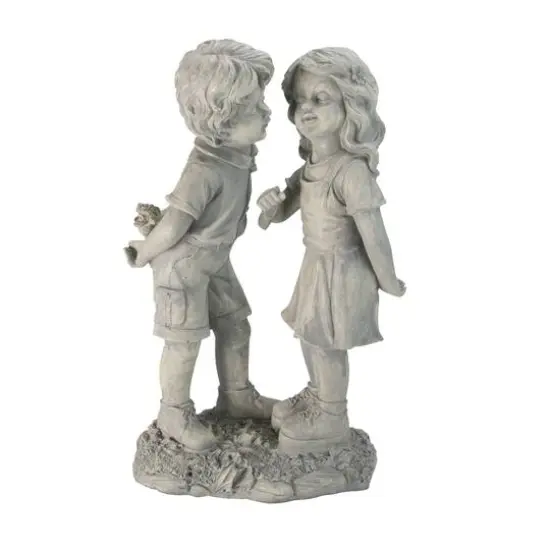 18.5" Weathered Gray Stone Boy & Girl First Kiss Outdoor Garden Statue {1}