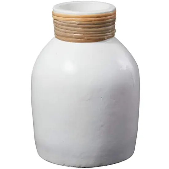 11" White Ceramic Vase with Wrapped Rattan Detailing {3}