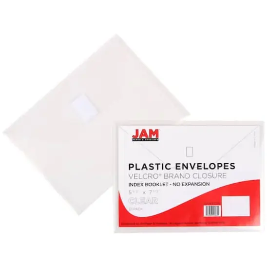 JAM Paper 5.5" x 7.5" Plastic Hook & Loop Closure Envelopes, 12ct. Clear {5}