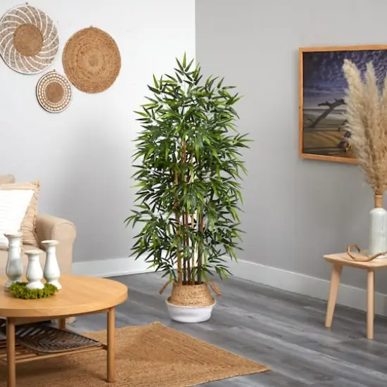 64" Bamboo Artificial Tree with Natural Bamboo Trunks in Boho Chic Handmade Cotton & Jute White Woven Planter {5}