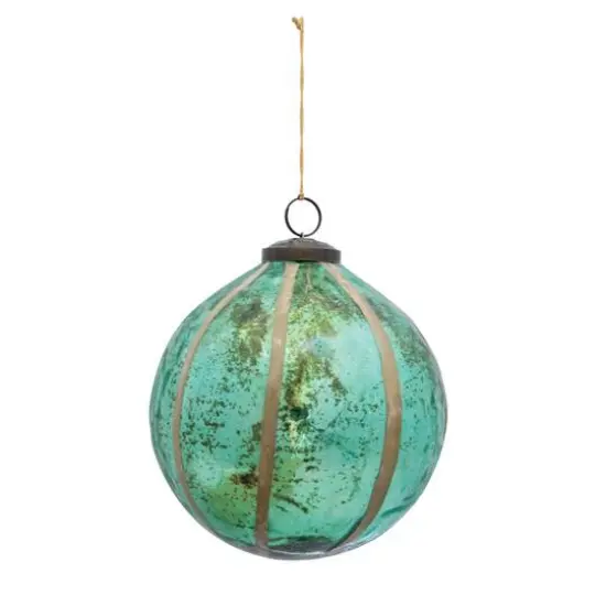 Hello Honey&reg; 6" Turquoise Glass Ball Ornament with Embedded Eucalyptus Leaves {1}