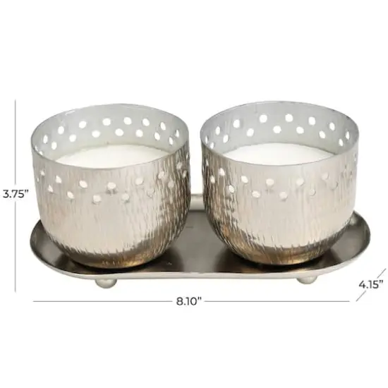 White Wax Vanilla Marshmallow Scented Candle Set with Cutout Spotted Silver Container and Oval Holding Tray {7}