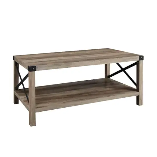 Walker Edison Gray & Black Metal & Rustic Wood Coffee Table {4}
