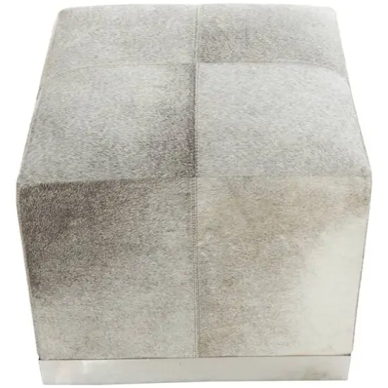 17" Gray Leather Patchwork Pouf with Silver Metal Base {5}