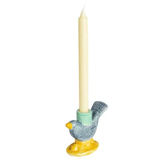 Hello Honey&reg; 6" Yellow & Blue Chirpy Elegance Stoneware Taper Candle Holder {7}
