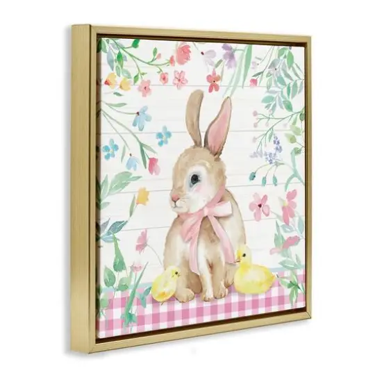 Stupell Industries Easter Bunny & Chicks Floater Framed Art Gold {4}