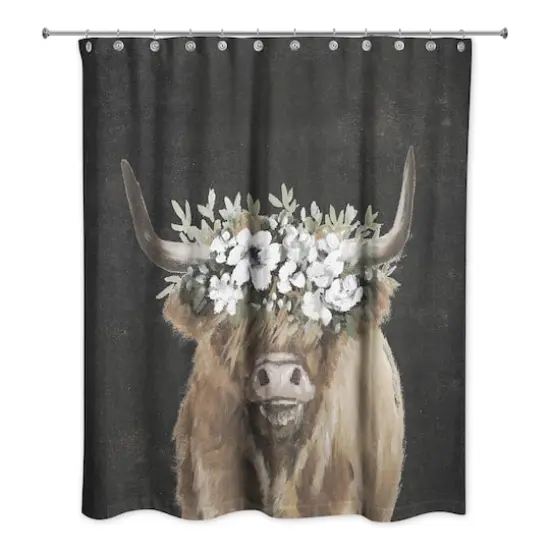 Highland Cow Portrait with Flower Crown 71" x 74" Shower Curtain {3}