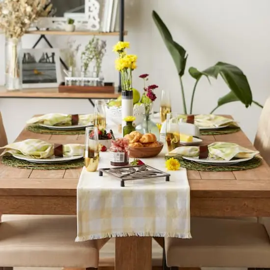 DII&reg; 108" Heavyweight Check Fringed Table Runner Natural {6}