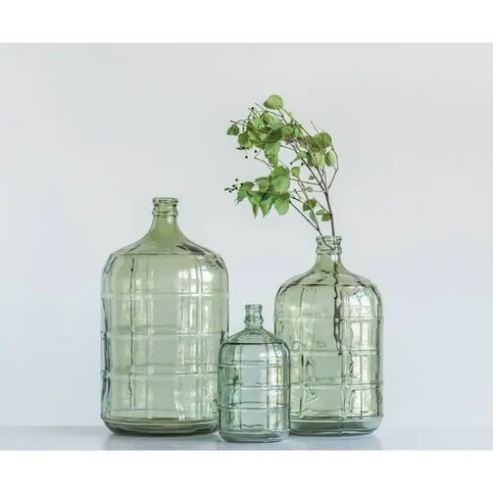Hello Honey&reg; 19.25" Transparent Green Vintage Glass Bottle with Embossed Windowpane Design {3}