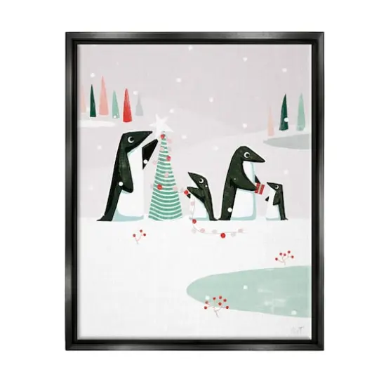 Stupell Industries Penguins Decorating Christmas Tree Framed Floater Canvas Wall Art Black {1}